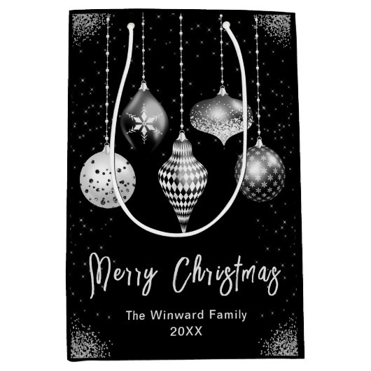 Elegant Silver and Black Ornament Christmas Medium Cadeauzakje (Voorkant)