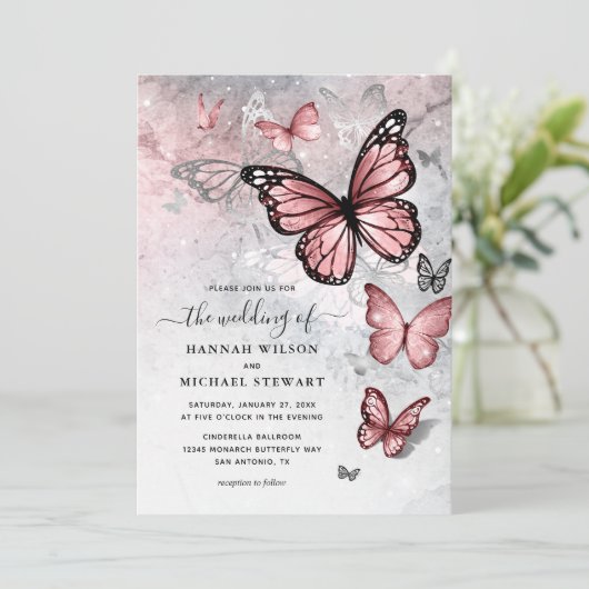 Elegant Silver and Pink Butterfly Wedding Kaart (Staand voorkant)