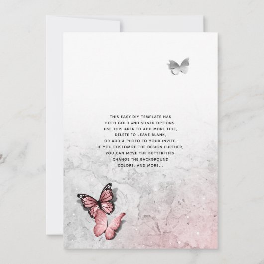 Elegant Silver and Pink Butterfly Wedding Kaart (Achterkant)