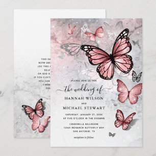 Elegant Silver and Pink Butterfly Wedding Kaart