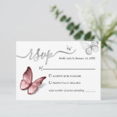 Elegant Silver and Pink Butterfly Wedding RSVP Kaartje (Staand voorkant)