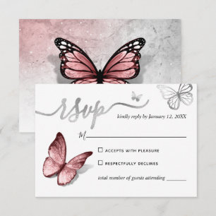 Elegant Silver and Pink Butterfly Wedding RSVP Kaartje