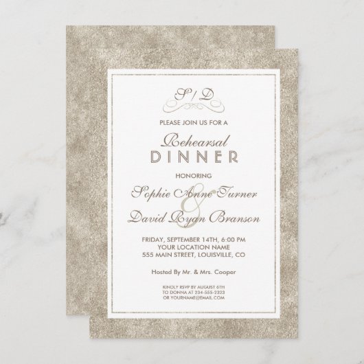 Elegant Silver and White Border REHEARSAL DINNER Kaart (Voorkant / Achterkant)