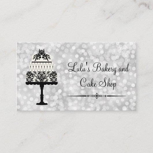 Elegant Silver Bakery Visitekaartje met Cake (Voorkant)