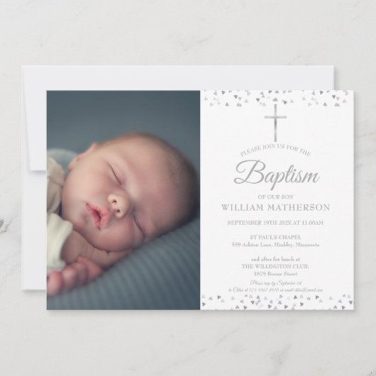 Elegant Silver Baptism, Christening Foto Kaart (Voorkant)