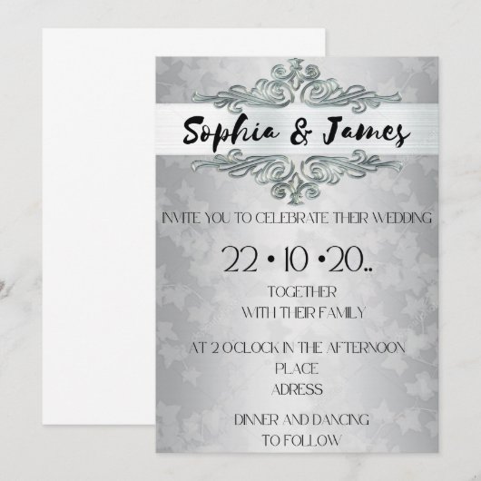 Elegant Silver Baroque Wedding Invitation – Custom Kaart (Voorkant / Achterkant)