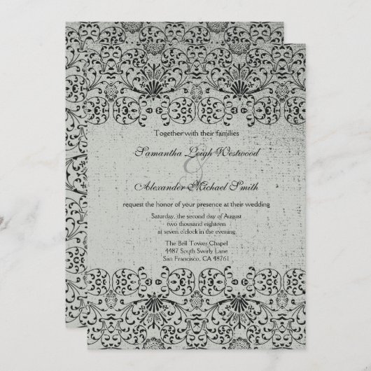 Elegant Silver Black damask bruiloft Kaart (Voorkant / Achterkant)
