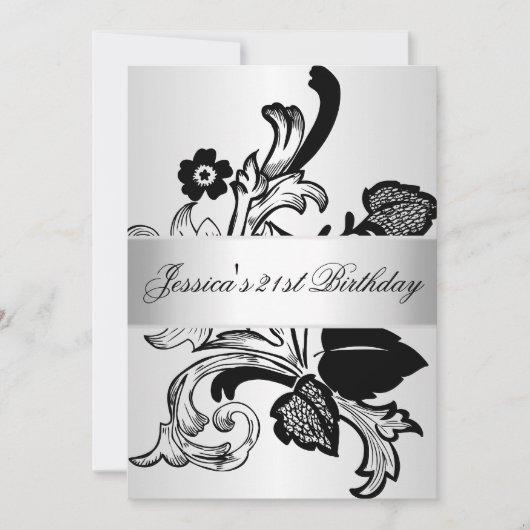 Elegant Silver Black Flowers Birthday Party Kaart (Voorkant)