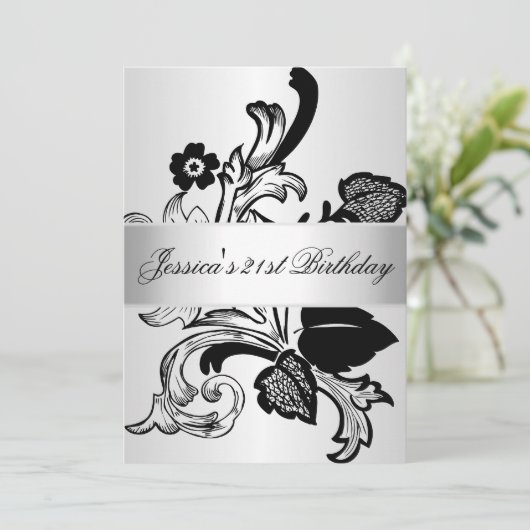 Elegant Silver Black Flowers Birthday Party Kaart (Staand voorkant)