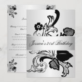 Elegant Silver Black Flowers Birthday Party Kaart (Voorkant / Achterkant)