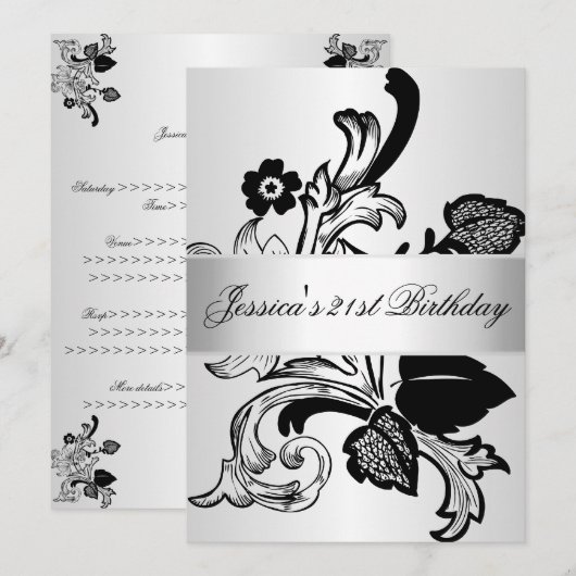Elegant Silver Black Flowers Birthday Party Kaart (Voorkant / Achterkant)