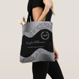 Elegant Silver Black Glam Logo Tote Bag