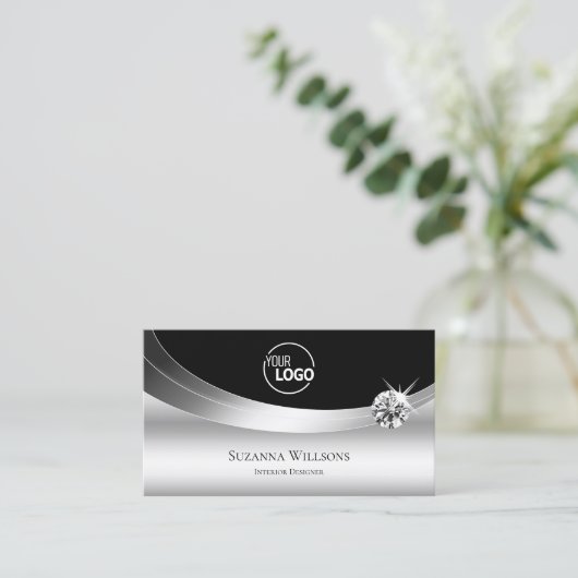 Elegant Silver Black met Logo en Sparkle Diamond Visitekaartje (Staand voorkant)