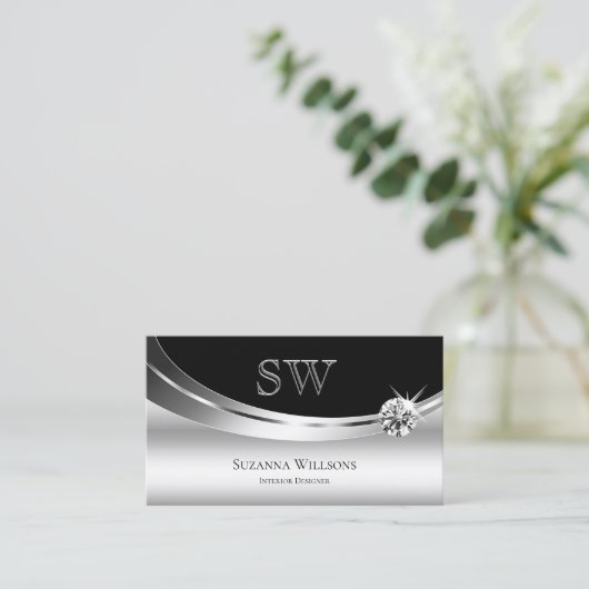 Elegant Silver Black met monogram Sparkle Diamond Visitekaartje (Staand voorkant)