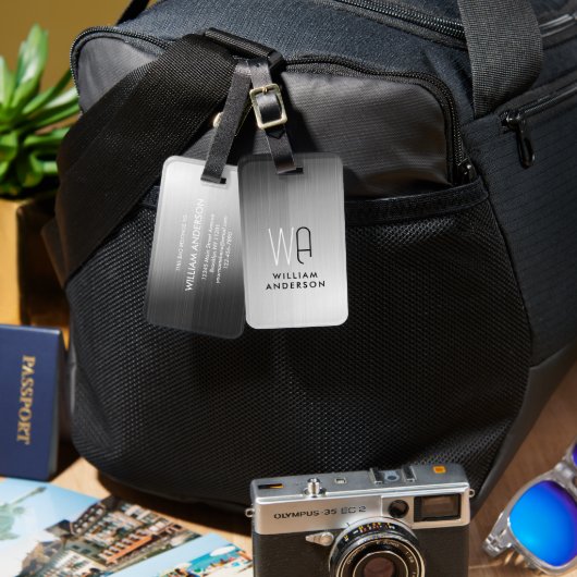 Elegant Silver & Black Metallic Brushed Monogram Bagagelabel (Voorkant /achterkant)