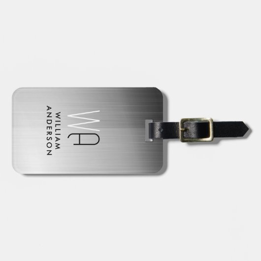 Elegant Silver & Black Metallic Brushed Monogram Bagagelabel (Voorkant horizontaal)