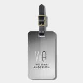 Elegant Silver & Black Metallic Brushed Monogram Bagagelabel (Voorkant verticaal)