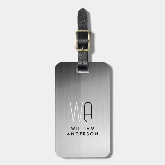 Elegant Silver & Black Metallic Brushed Monogram Bagagelabel (Voorkant verticaal)
