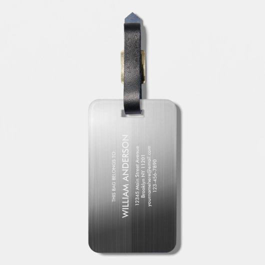 Elegant Silver & Black Metallic Brushed Monogram Bagagelabel (Achterkant verticaal)