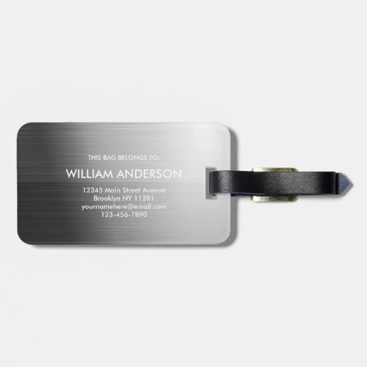 Elegant Silver & Black Metallic Brushed Monogram Bagagelabel (Achterkant horizontaal)