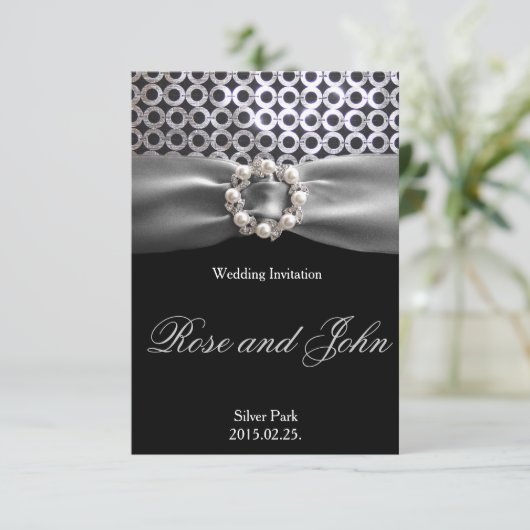Elegant Silver Black Pearl Ribbon Wedding Kaart (Staand voorkant)