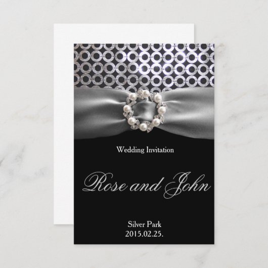 Elegant Silver Black Pearl Ribbon Wedding Kaart (Voorkant / Achterkant)