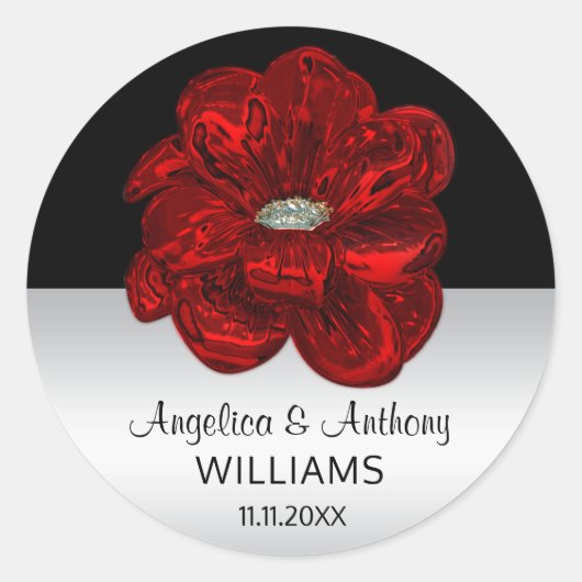 Elegant Silver, Black, Red Rose Wedding Seals Ronde Sticker (Voorkant)