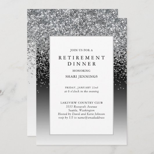 Elegant Silver Black Retirement Party Kaart (Voorkant / Achterkant)