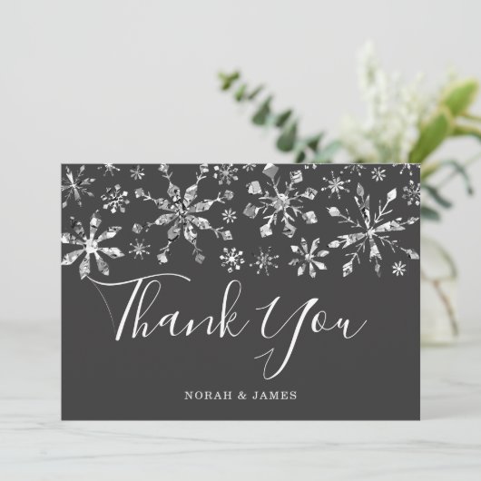 Elegant Silver Black Snowflake Wedding Bedankkaart (Staand voorkant)