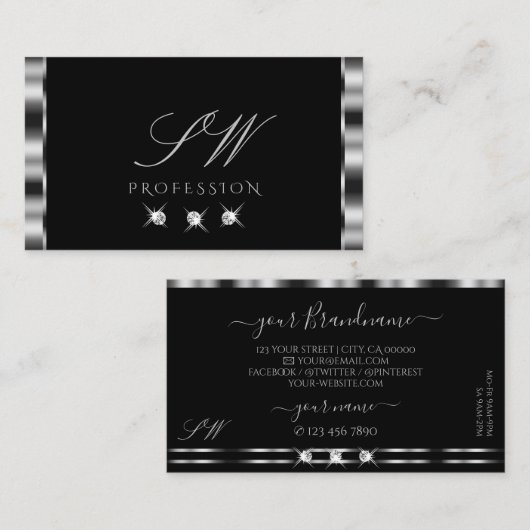 Elegant Silver Black Sparging Diamonds Initialen Visitekaartje (Voorkant / Achterkant)