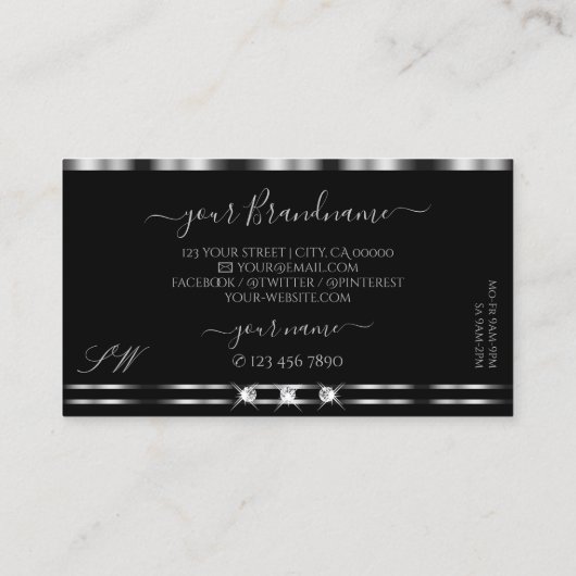 Elegant Silver Black Sparging Diamonds Initialen Visitekaartje (Achterkant)