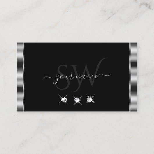 Elegant Silver Black Sparging Diamonds Monogram Visitekaartje (Voorkant)