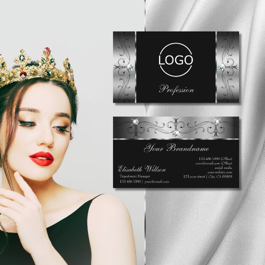 Elegant Silver Black Squiggings Jewels met Logo Visitekaartje