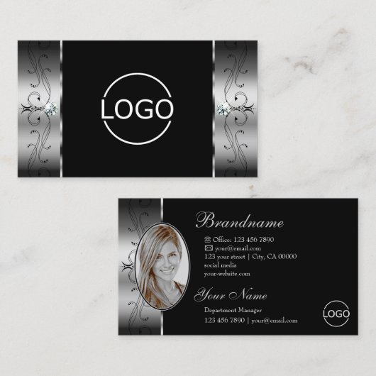 Elegant Silver Black Squiggins Jewels Logo & Foto Visitekaartje (Voorkant / Achterkant)