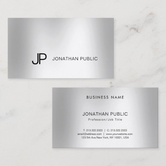 Elegant Silver Blik Professioneel Modern Monogram Visitekaartje (Voorkant / Achterkant)
