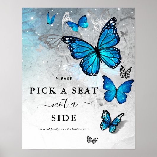 Elegant Silver Blue Butterfly Pick a Seat Wedding Poster (Voorkant)