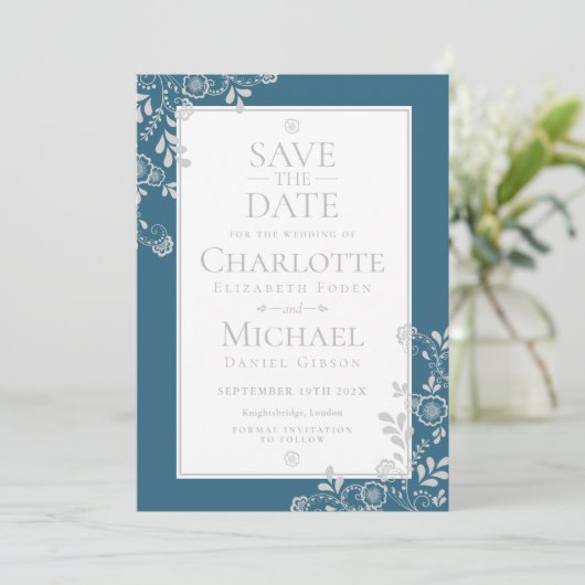Elegant Silver Blue Floral Wedding Save the Date (Staand voorkant)