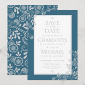 Elegant Silver Blue Floral Wedding Save the Date (Voorkant / Achterkant)