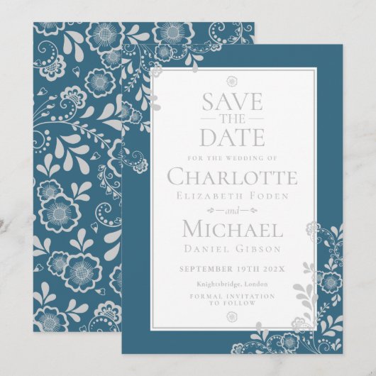 Elegant Silver Blue Floral Wedding Save the Date (Voorkant / Achterkant)