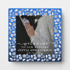 Elegant Silver Blue Heart Diamond Glitter Wedding Fotoplaat