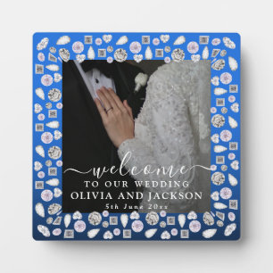 Elegant Silver Blue Heart Diamond Glitter Wedding Fotoplaat