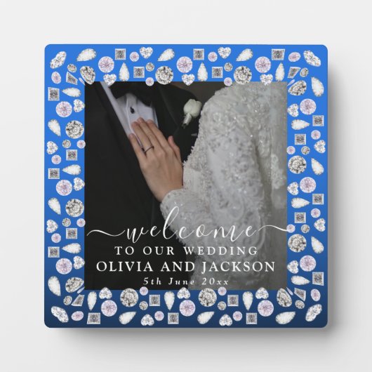 Elegant Silver Blue Heart Diamond Glitter Wedding Fotoplaat (Voorkant)