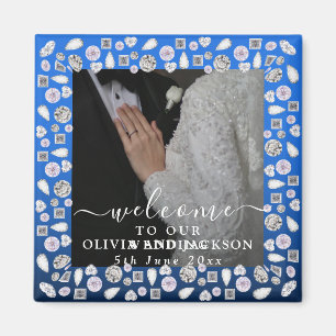 Elegant Silver Blue Heart Diamond Glitter Wedding Magneet