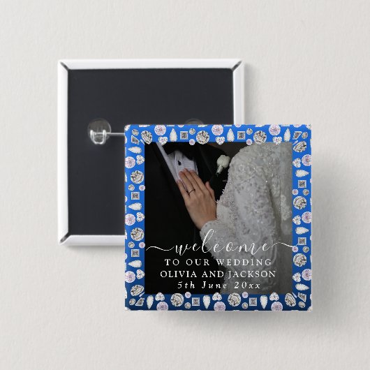 Elegant Silver Blue Heart Diamond Glitter Wedding Vierkante Button 5,1 Cm (Voorkant /achterkant)