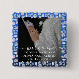 Elegant Silver Blue Heart Diamond Glitter Wedding Vierkante Button 5,1 Cm