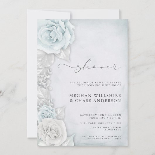 Elegant Silver Blue Rozen Wedding Shower Kaart (Voorkant)