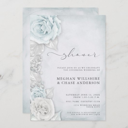 Elegant Silver Blue Rozen Wedding Shower Kaart (Voorkant / Achterkant)