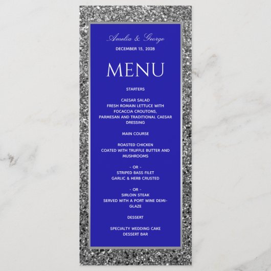 Elegant Silver Blue Wedding Menu (Voorkant)