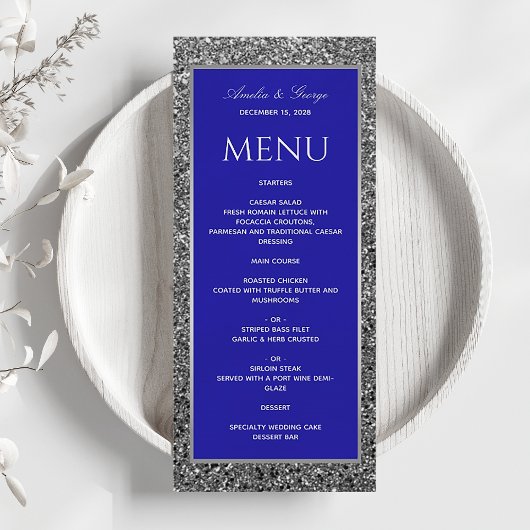 Elegant Silver Blue Wedding Menu