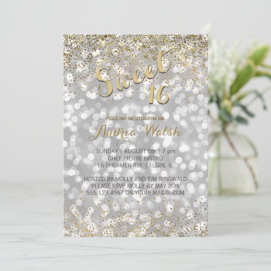 Elegant Silver Bokeh Lights Gold Confetti Sweet 16 Kaart (Staand voorkant)